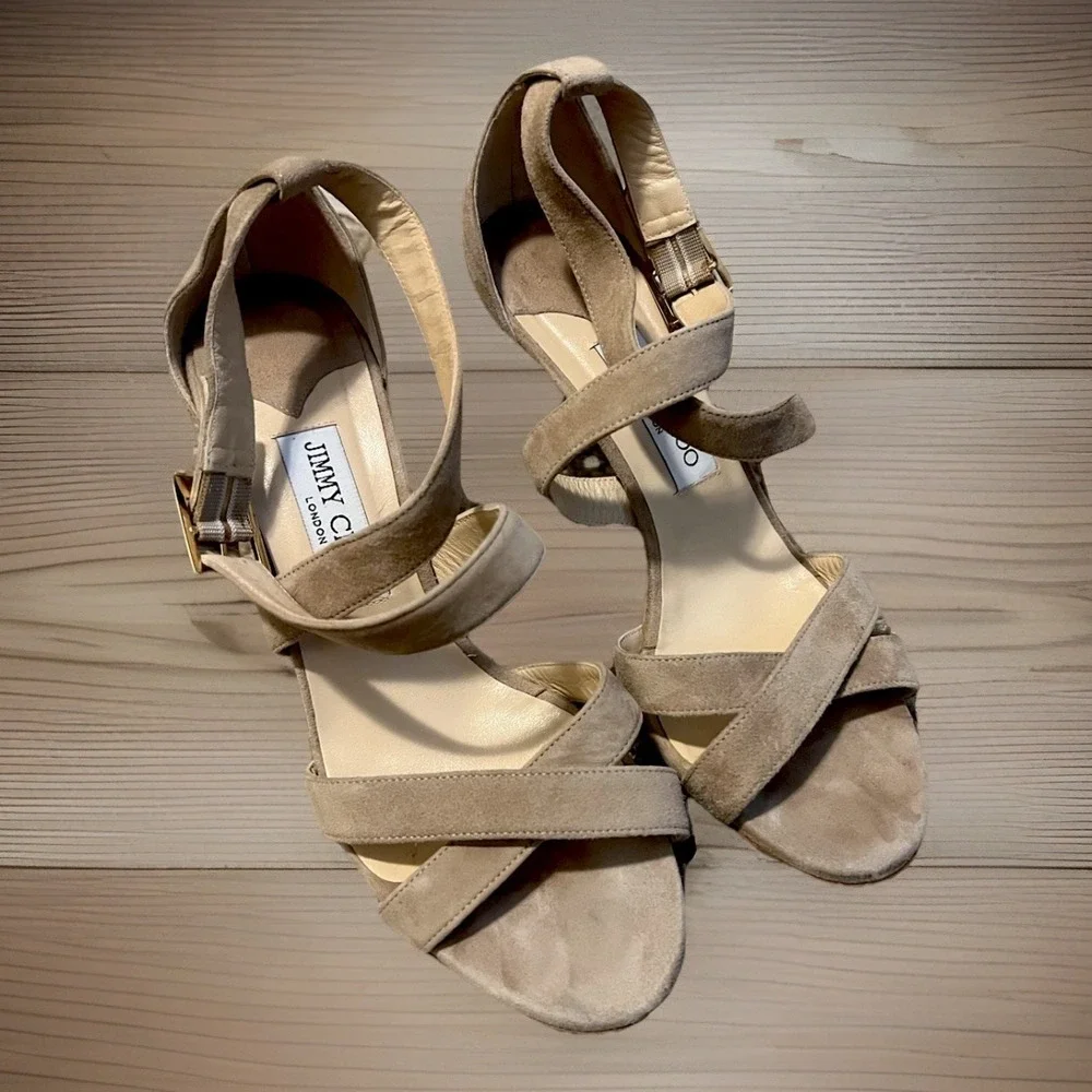 Jimmy Choo Beige Suede Strappy Sandals Heels Size 9.5 EU 40 Made in Italy